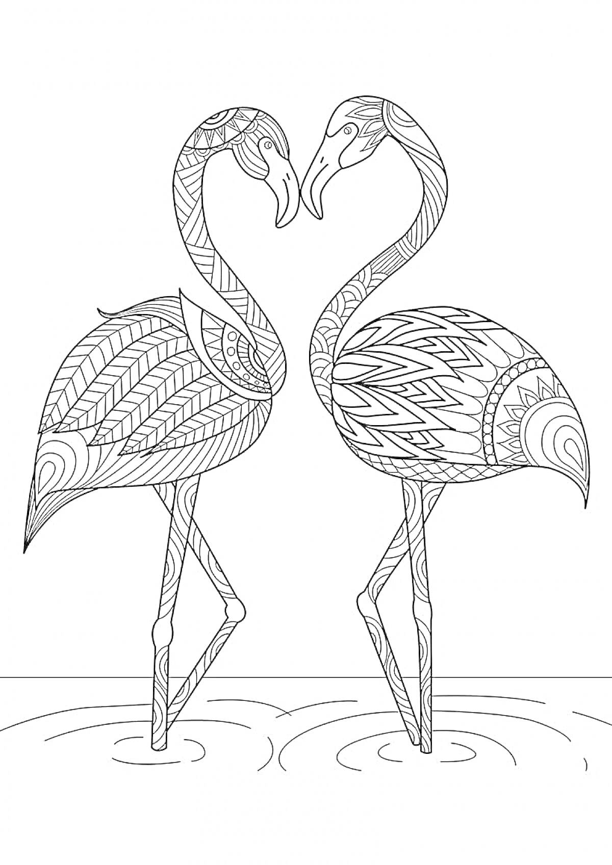 На раскраске изображено: Фламинго, Декоративные узоры, Для девочек, Водоем