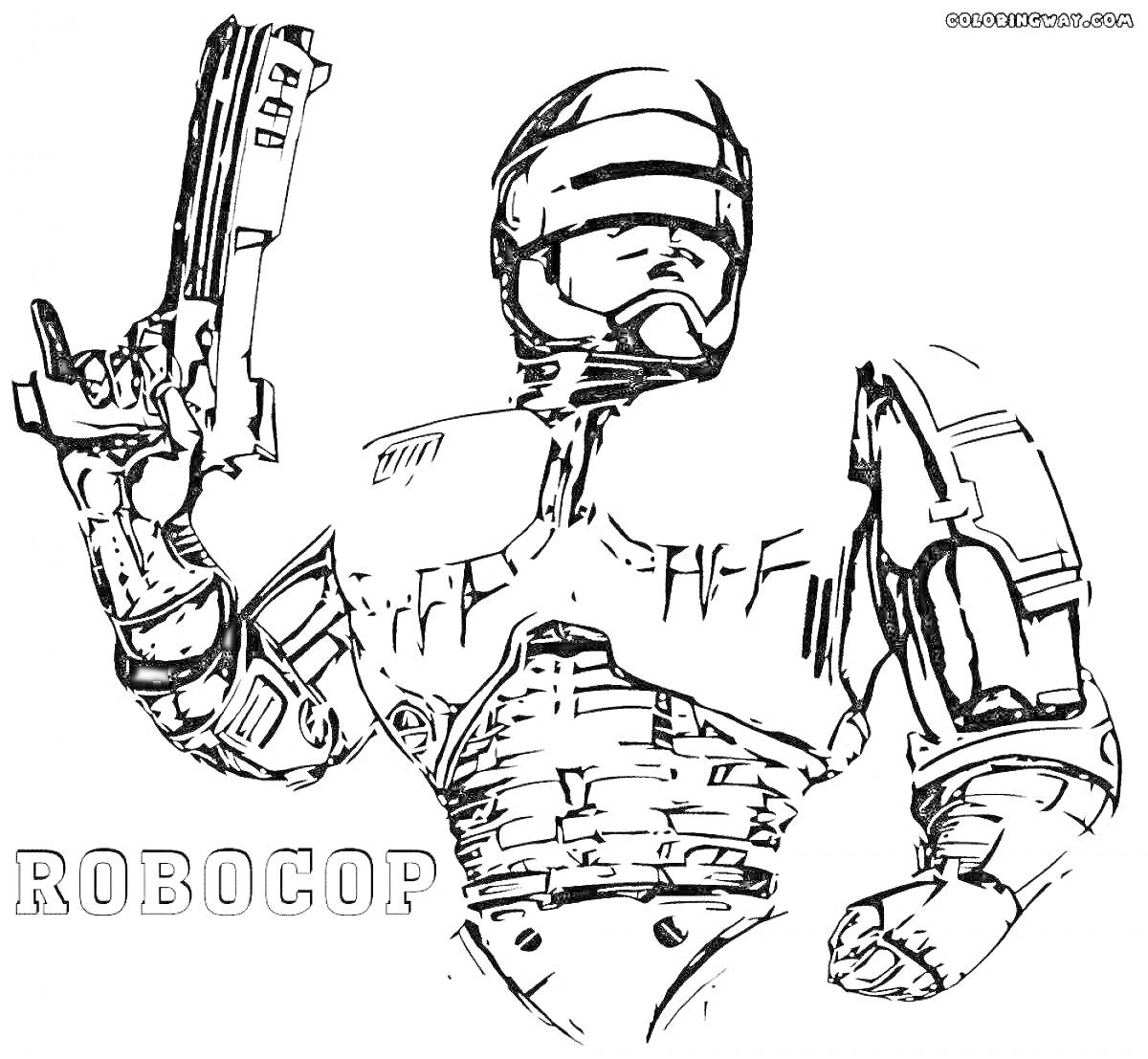 На раскраске изображено: Робокоп, Робот, Полиция, Пистолет, Броня, Персонаж, Киборг