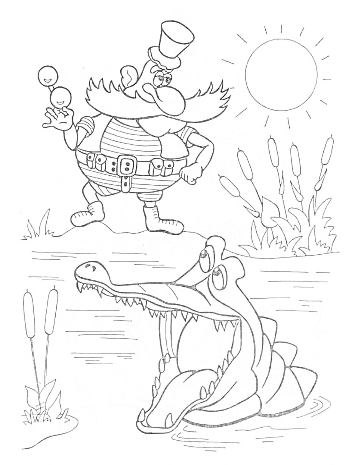 Раскраска Бармалей у реки с крокодилом, солнцем и растениями