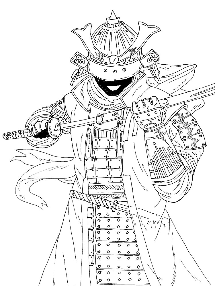 Раскраска Самурай с доспехами, держащий катану