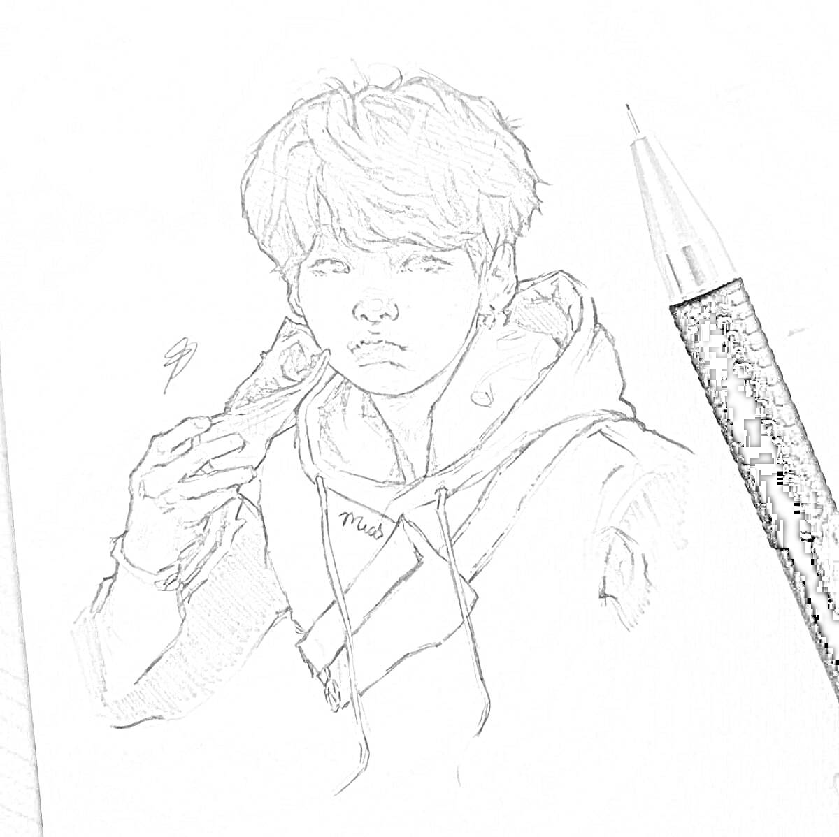 Раскраска Портрет парня в худи с печеньем и ручкой