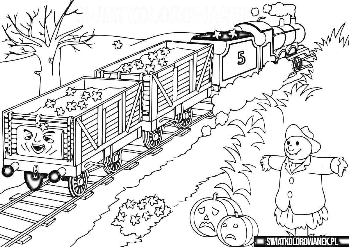 Раскраска Грузовой поезд с нарисованными лицами, перевозящий грузы, едущий по железной дороге через лес с деревьями и кустами, рядом в поле находятся тыквы и стоящая кукла-пугало.