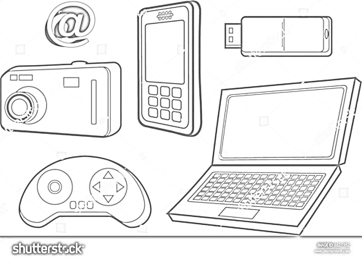 На раскраске изображено: Ноутбук, Телефон, Игровой контроллер, Фотоаппарат, Флешка, Техника, Гаджеты
