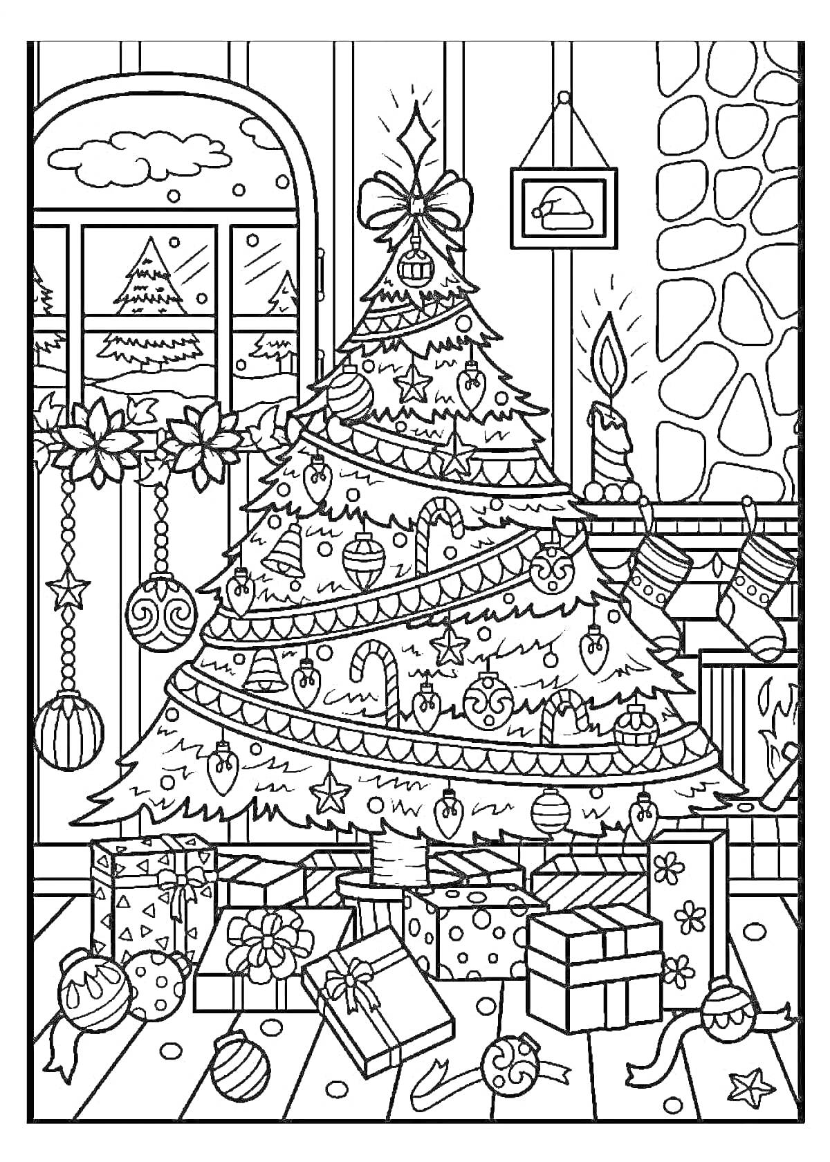 Раскраска Новогодняя елка с подарками, гирляндой и камином