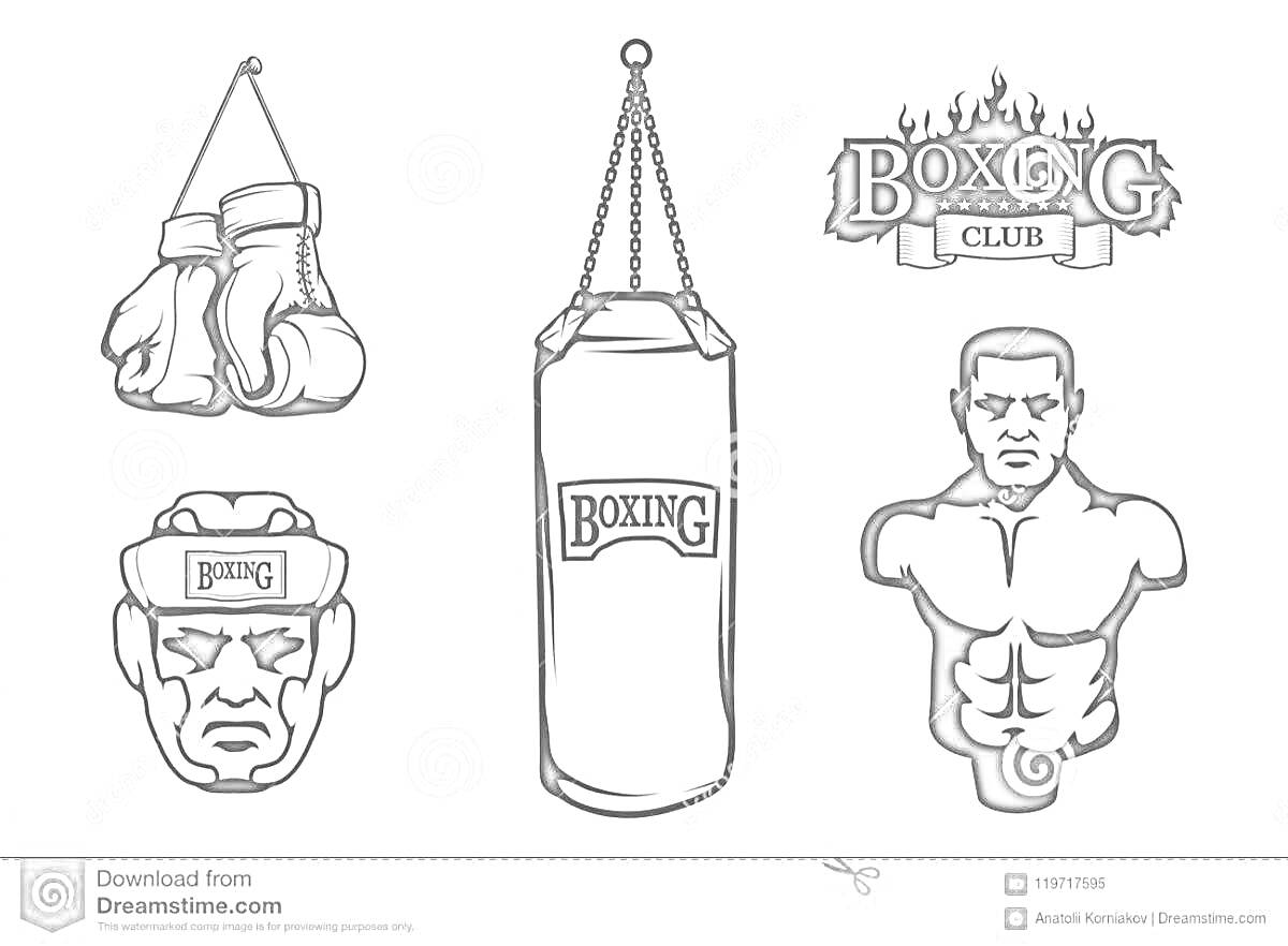 На раскраске изображено: Бокс, Боксерские перчатки, Боксерская груша, Тренировка, Спорт, Боец