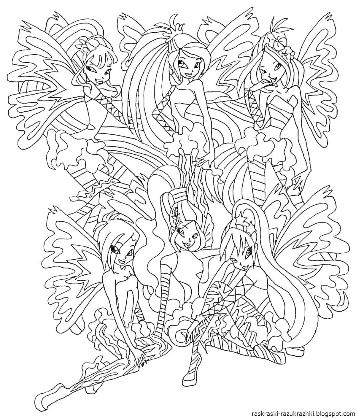 Раскраска Картинка с изображением шести девушек с крыльями, в воздушных платьях, сидящих и стоящих в различных позах.