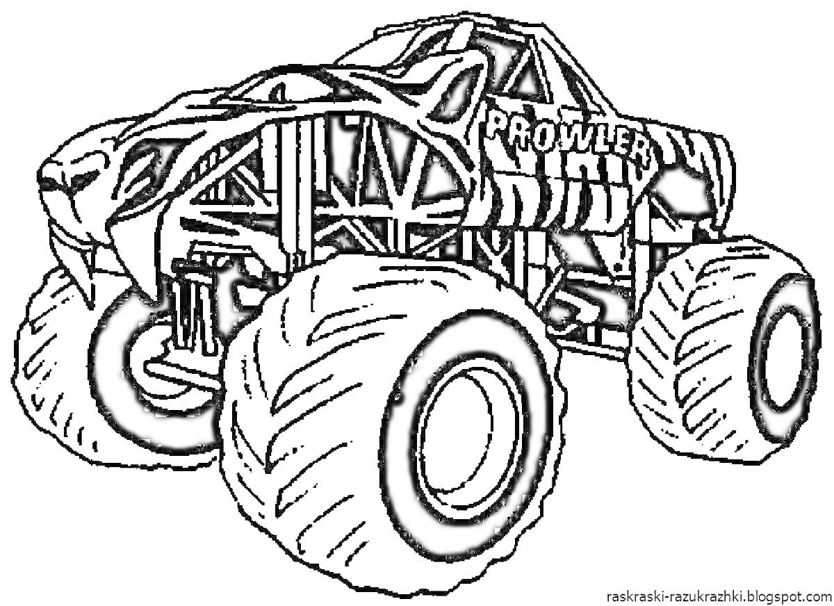 Раскраска Монстер трак с дизайном хищника: большие колеса, кабина с зубами и глазами, надпись 