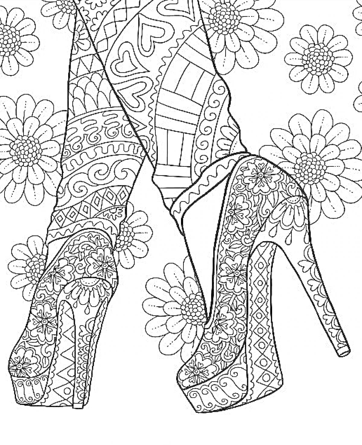 Раскраска Высокие каблуки с узорами и леггинсы с рисунками, на фоне цветов