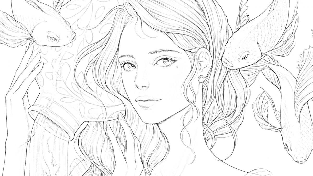 Раскраска Девушка с длинными волосами и тремя рыбами