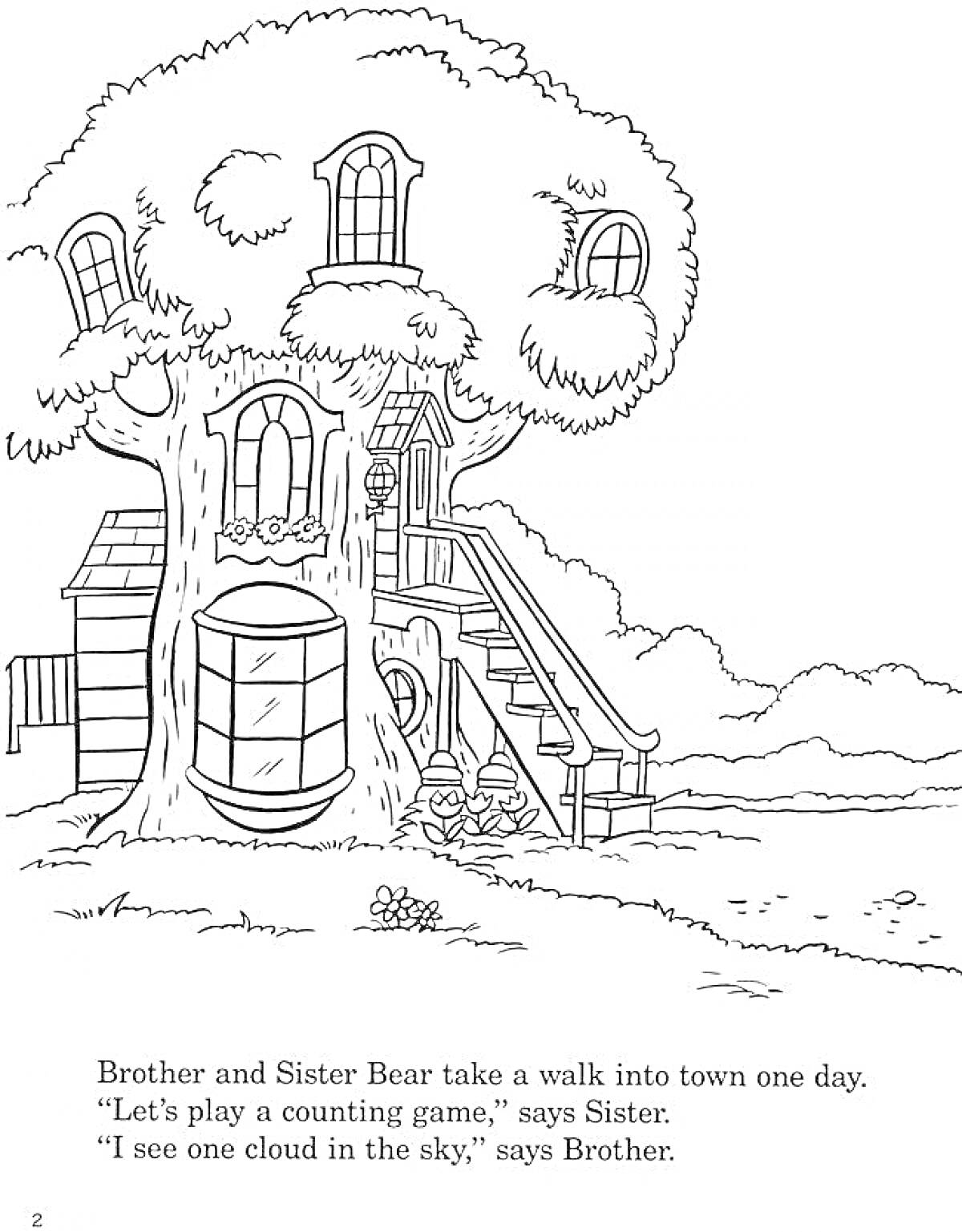 На раскраске изображено: Дом на дереве, Лестница, Окна, Растения, Текст, Облака, Игра