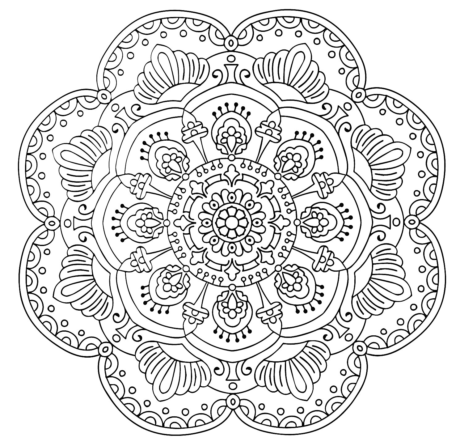 Раскраска Мандала с концентрическими кругами, лепестками и узорами из линий и точек