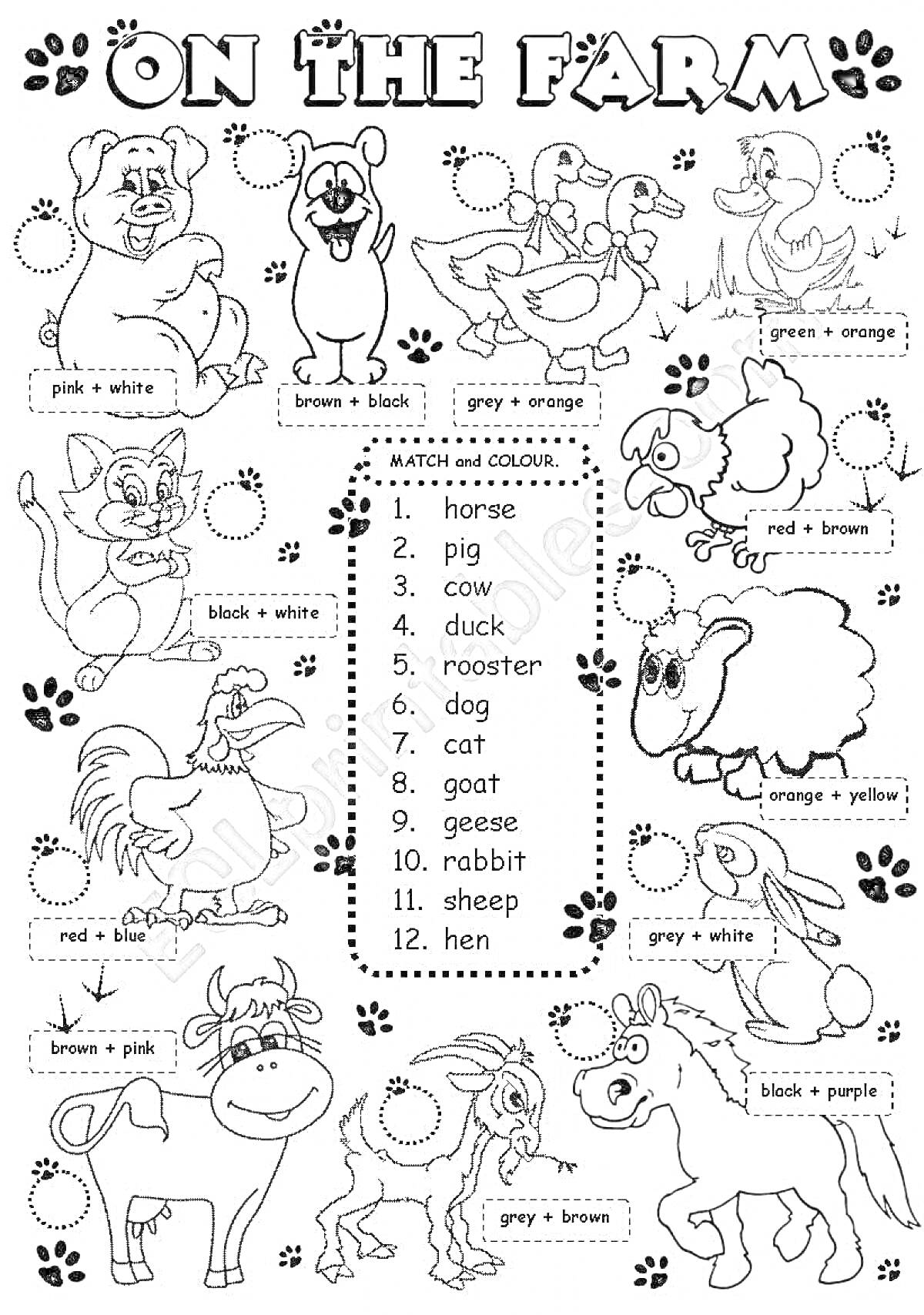 На раскраске изображено: Ферма, Животные, Английский язык, 3 класс, Слова, Задания для детей