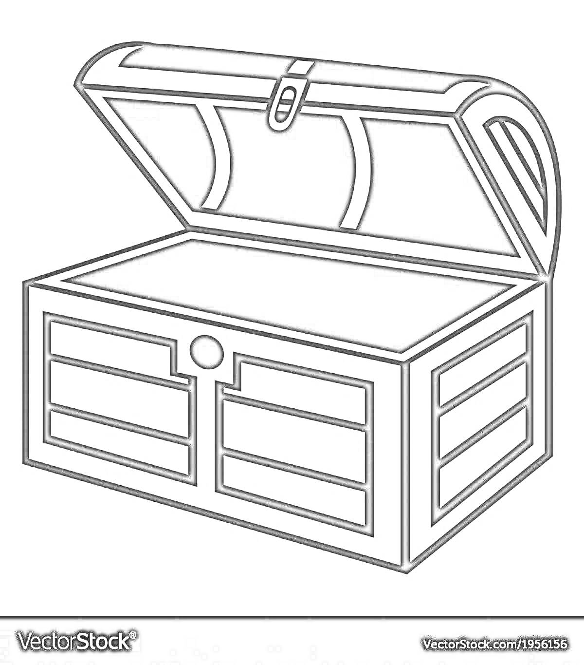 Раскраска Открытый сундук с металлическими элементами