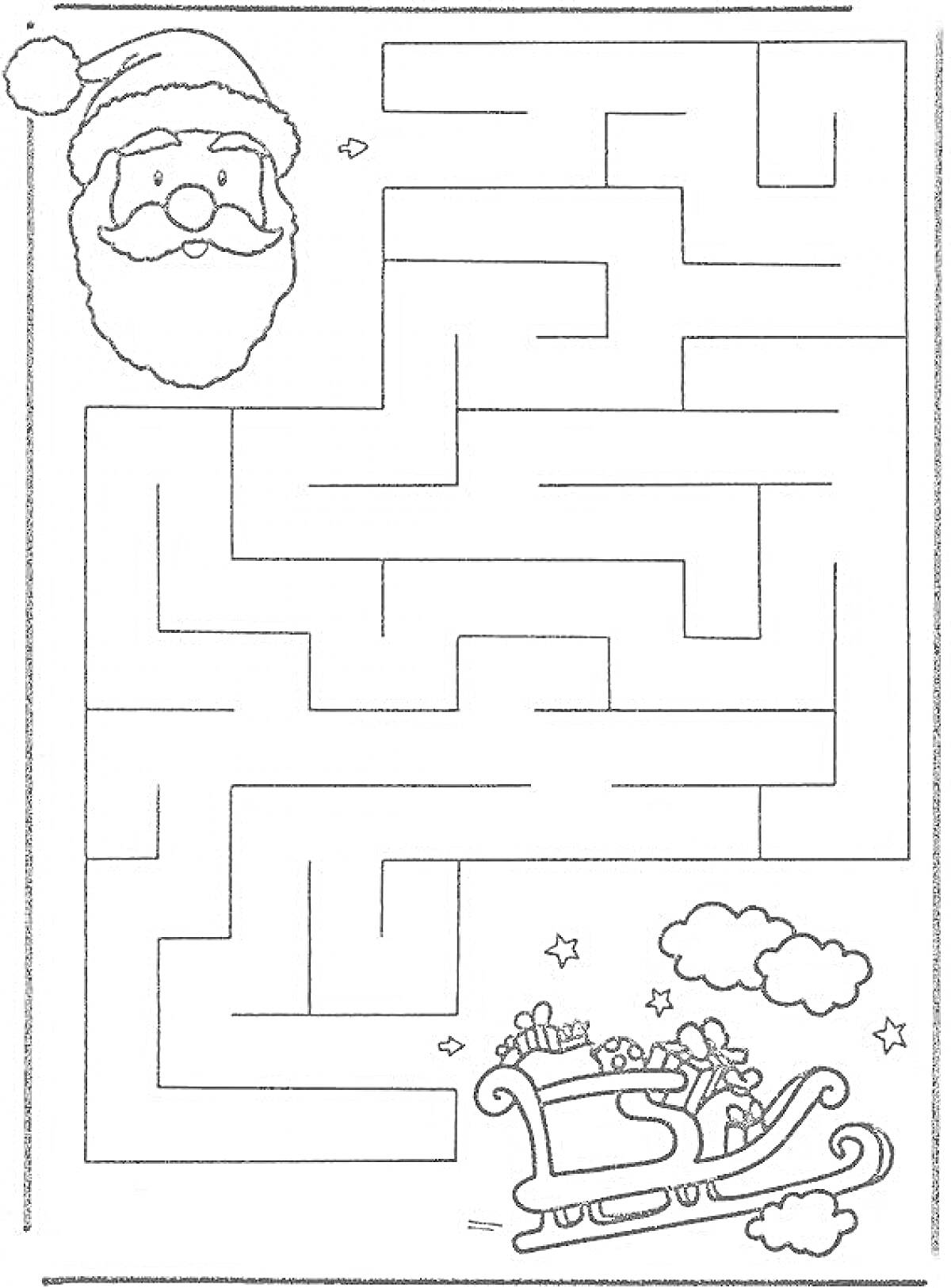 Раскраска Новогодний лабиринт с Дедом Морозом и санями с подарками