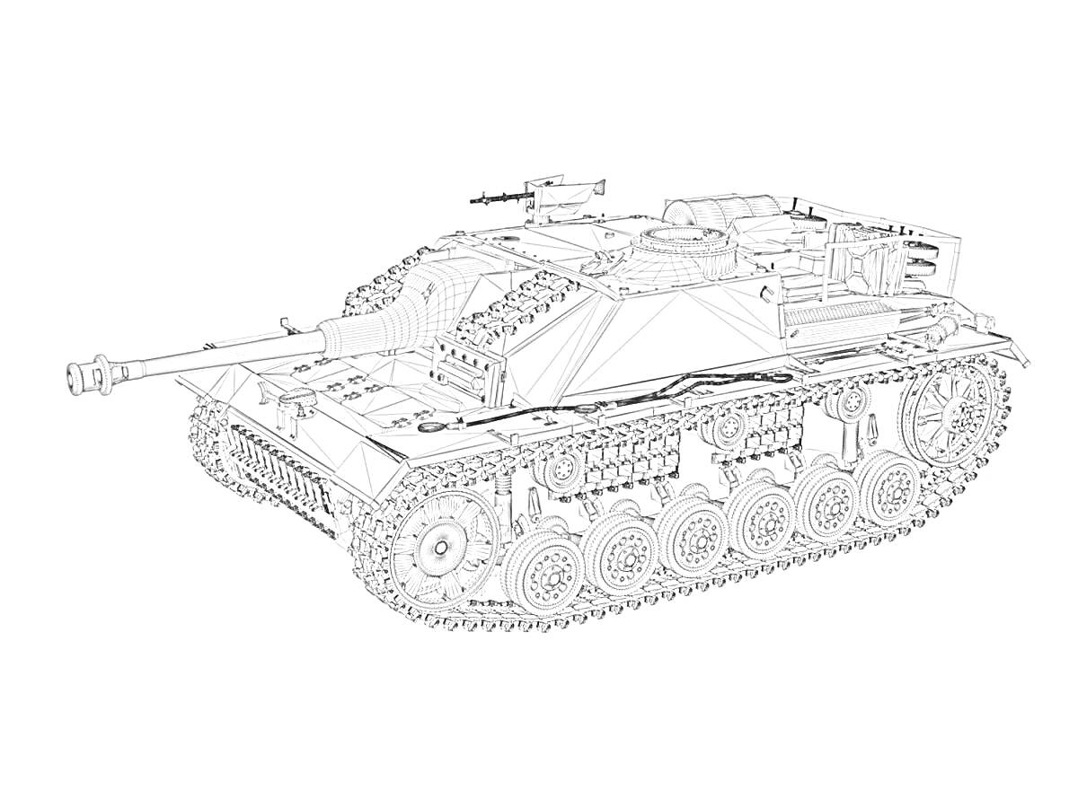Раскраска танк с пушкой, бронированная техника с гусеницами и пулеметом, элементы башни и корпуса