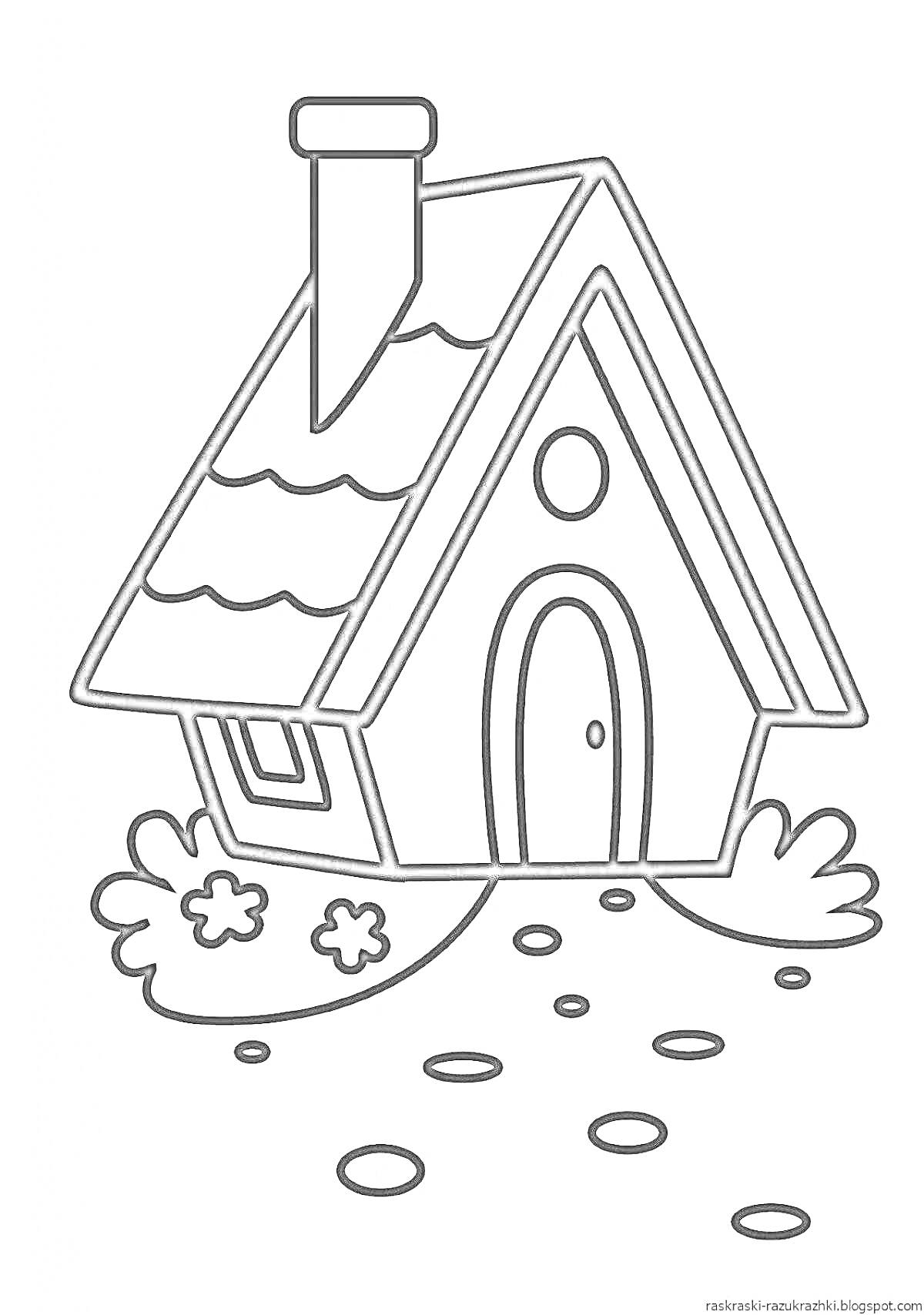 На раскраске изображено: Дом, Труба, Дверь, Цветы, Дорожка, Для малышей, Контур, Для детей, Линии, Окна