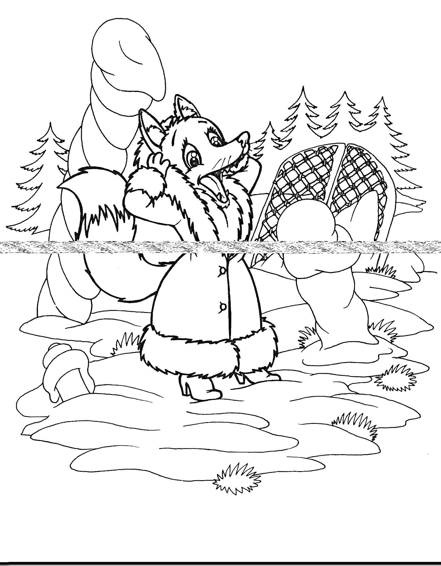 Раскраска Лиса в зимнем лесу с санками и снеговиком на фоне ёлок