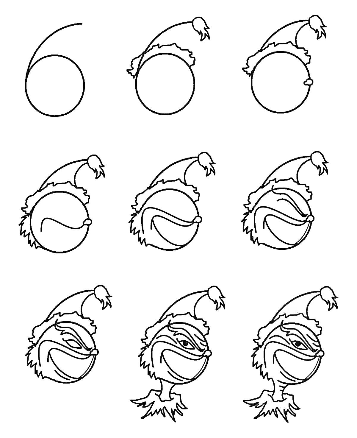 На раскраске изображено: Гринч, Пошаговое рисование, Рождественская шапка, Лицо