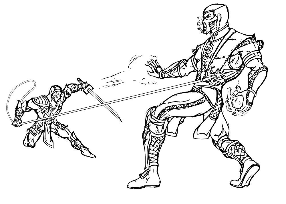 Раскраска Два персонажа из Mortal Kombat в бою, один из которых выпускает цепь с гарпуном, а другой готовится к удару