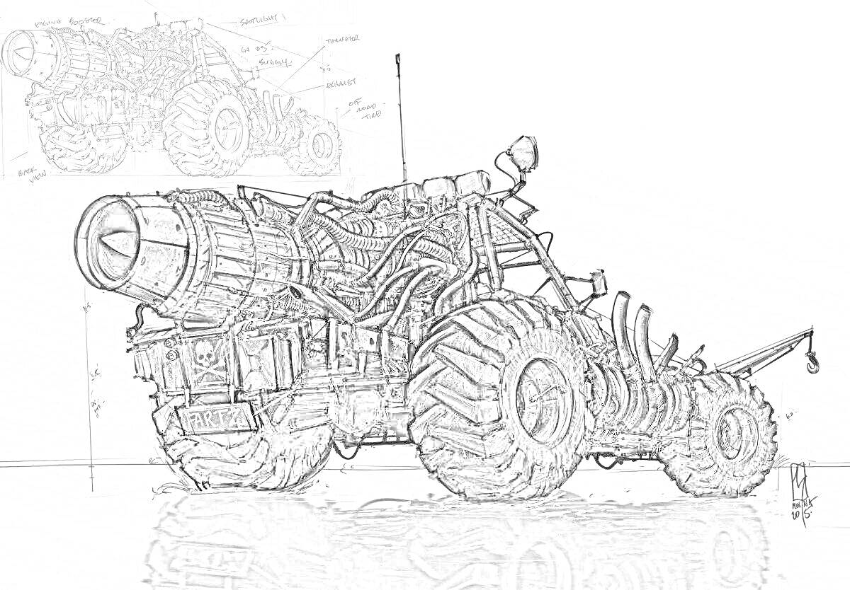 Раскраска Машина с гигантской пушкой и крупными колесами, армированная трубами и металлическими деталями