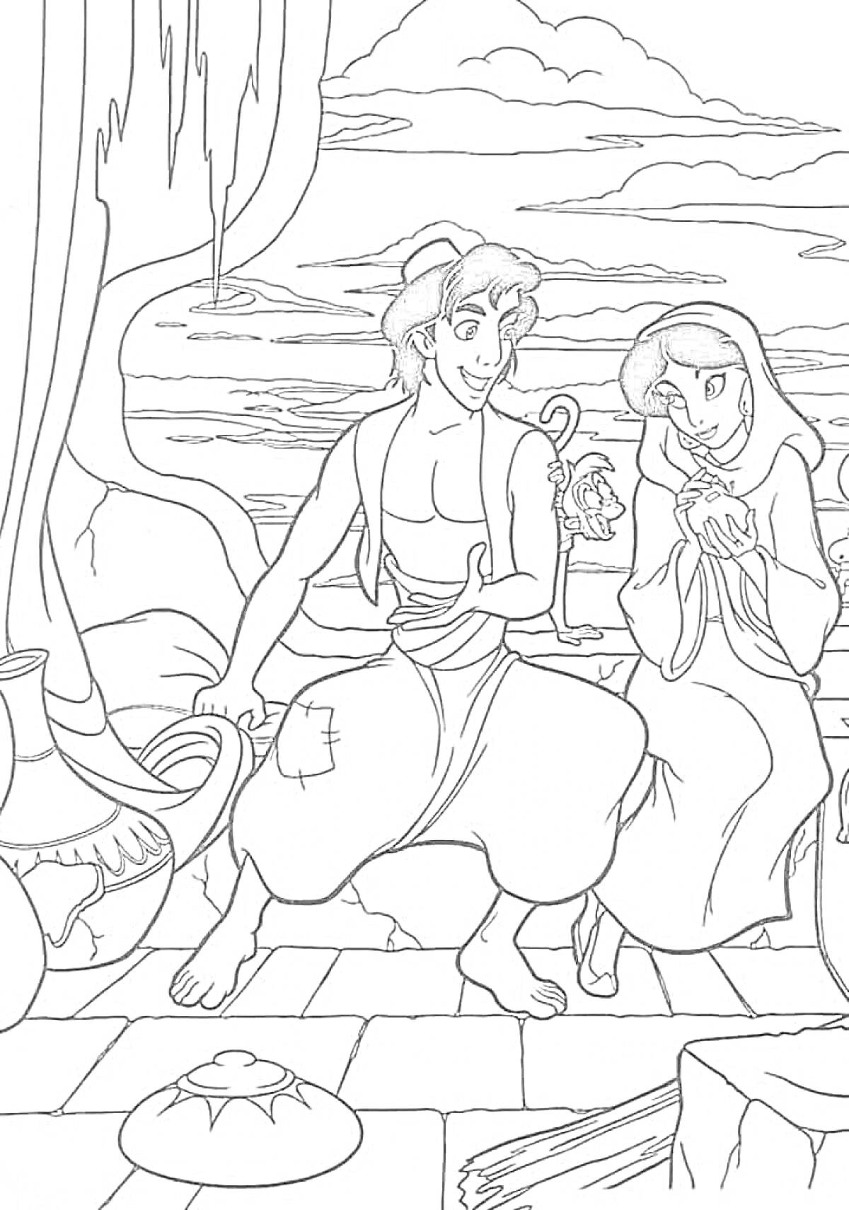Алладин и девушка с Джафара в комнате с множеством сосудов и видом на закат