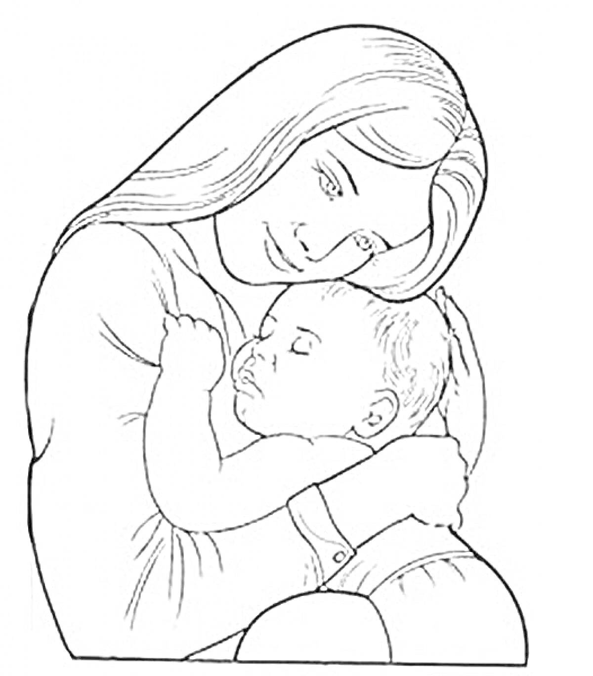 На раскраске изображено: Младенец, Объятия, Любовь, Забота, Семья, Для девочек, Для детей, Мама