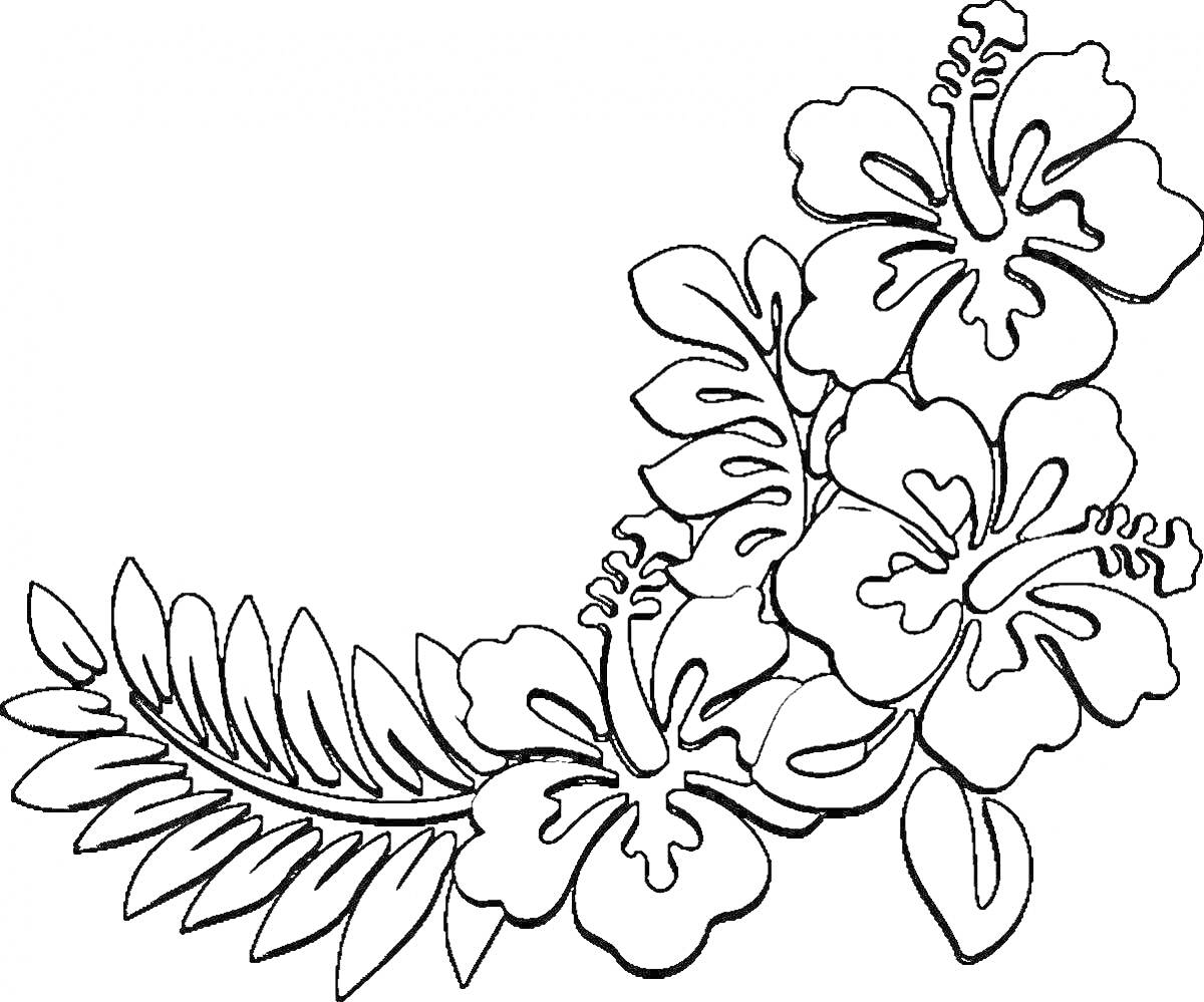 На раскраске изображено: Цветы, Листья, Папоротник, Орнамент, Декор, Растения