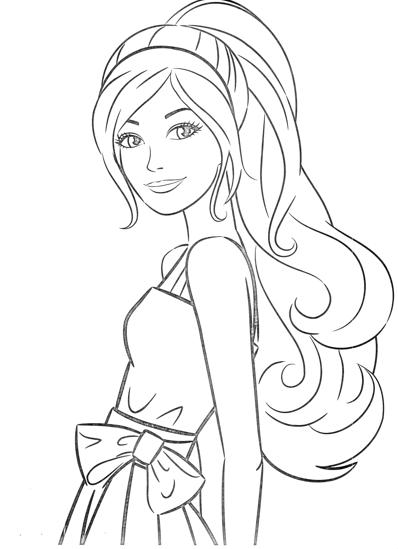 Раскраска Девушка в платье с бантом, распущенные длинные волосы, ободок на голове