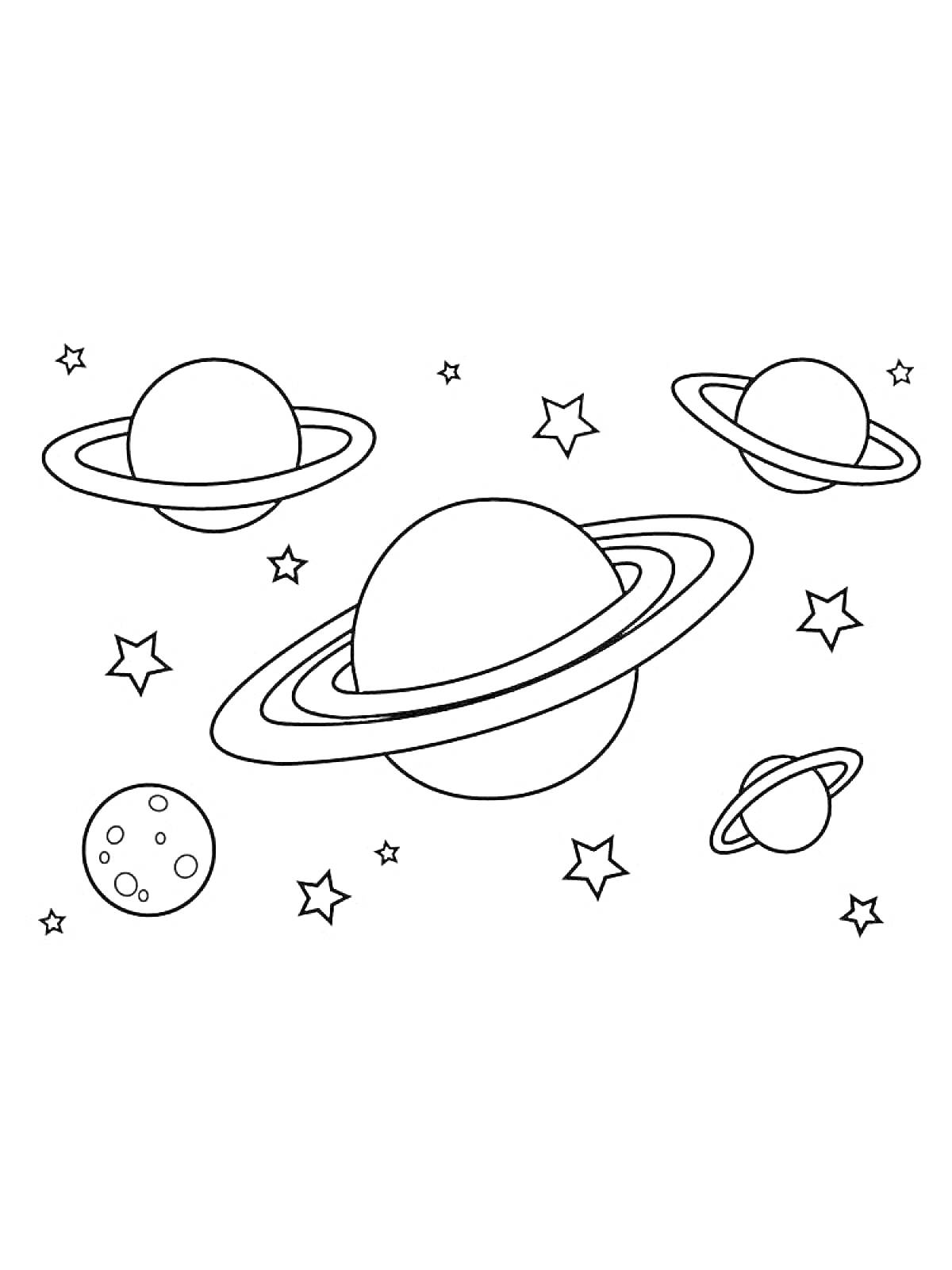 На раскраске изображено: Планеты, Звезды, Луна, Кратеры, Космос, Кольцо