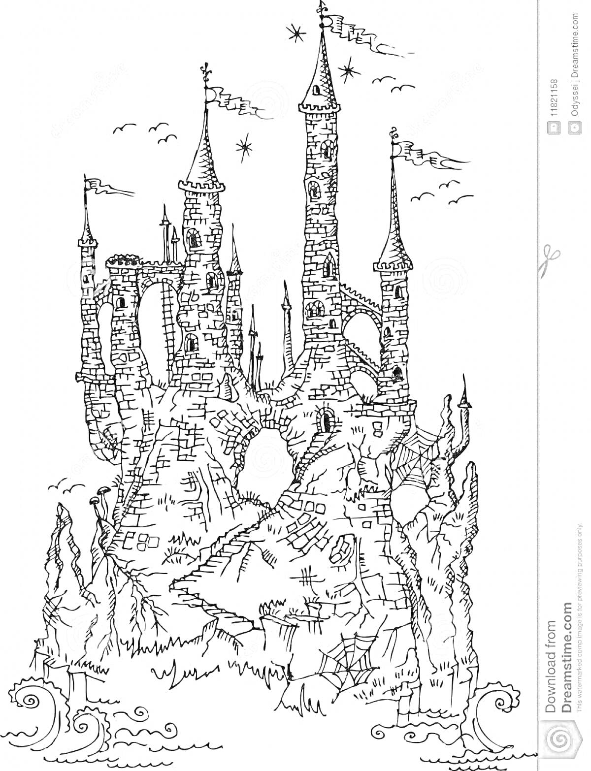 Раскраска Готический замок на скале с башнями, флагами, арками и паутиной на фоне облаков