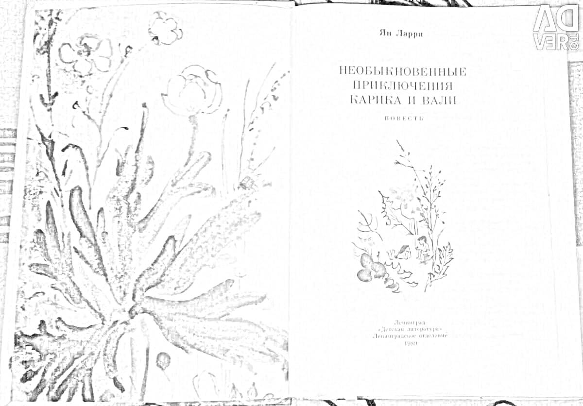 Раскраска Путешествия приключения Карика и Вали, обложка книги с рисунком растений