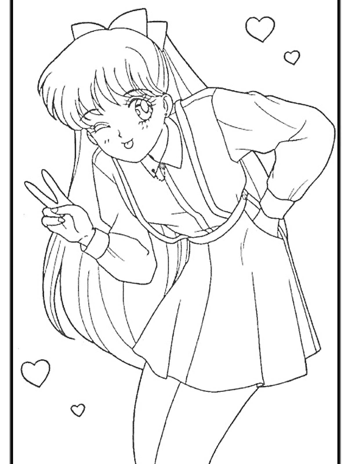 Раскраска Девочка-аниме с длинными волосами, в школьной форме, показывает знак «мир» и подмигивает, с сердечками вокруг.