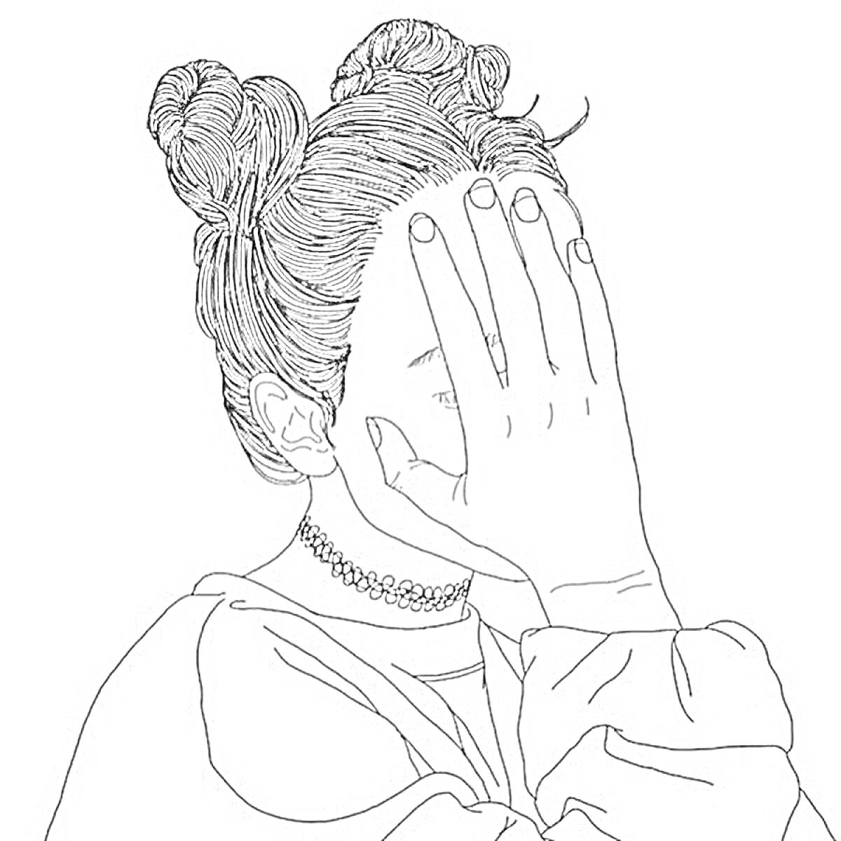 Раскраска Девушка с двумя пучками и чокером, закрывающая лицо рукой