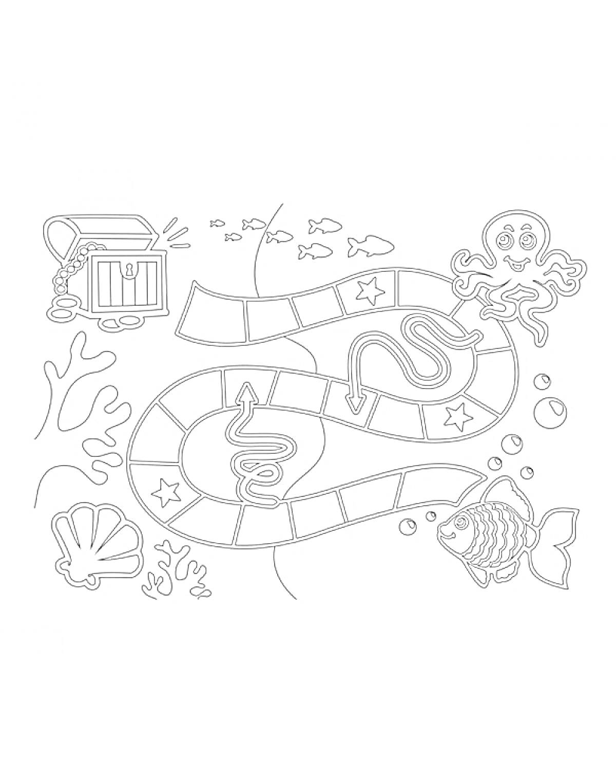 На раскраске изображено: Подводный мир, Рыба, Сундук с сокровищами, Водоросли, Раковина, Ходилка, Игра, Бродилка