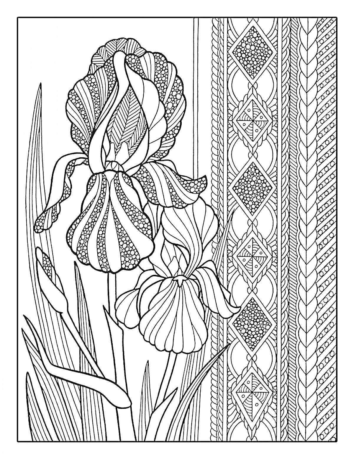 На раскраске изображено: Ирис, Ромбы, Цветотерапия, Антистресс