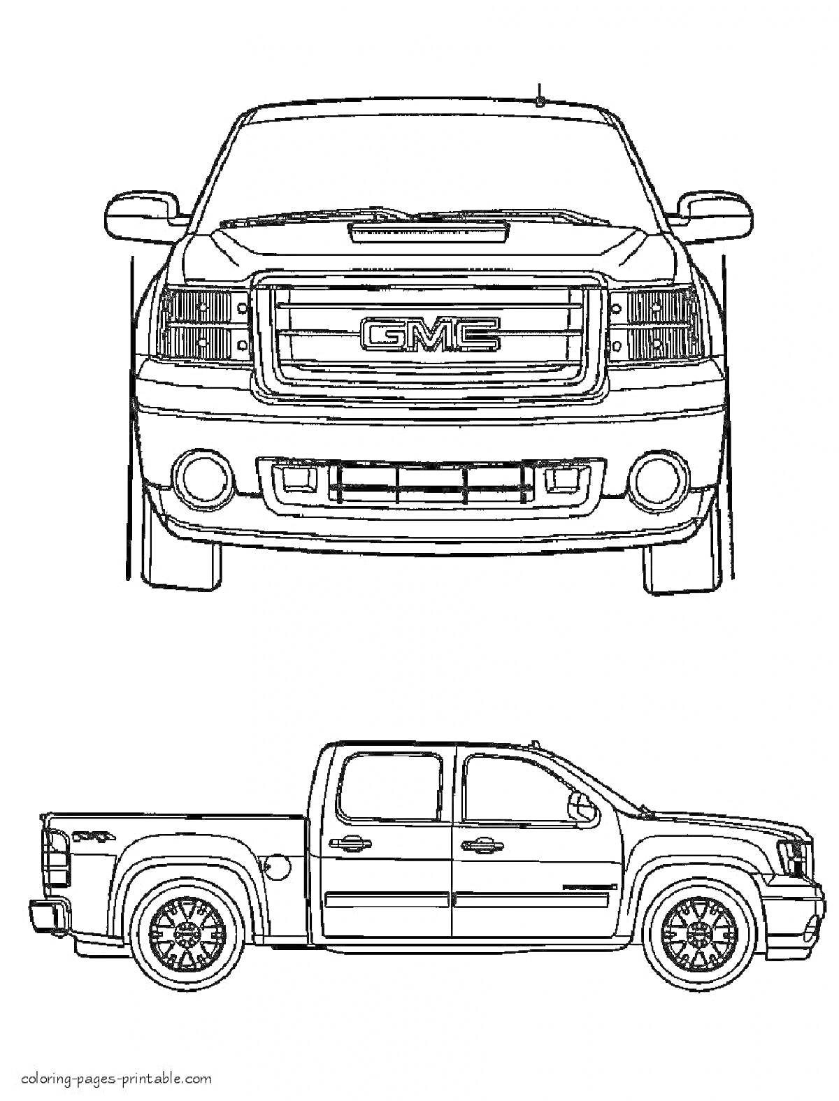 РаскраскаВид спереди и сбоку GMC пикапа: передняя решетка, фары, бампер, боковые зеркала, окна, двери, колеса