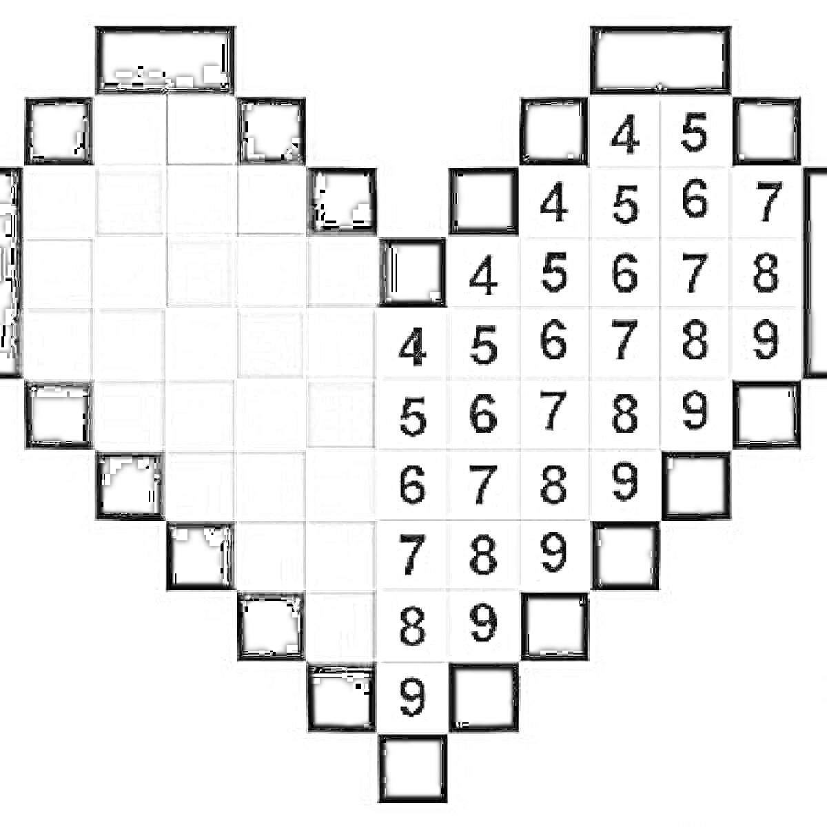 На раскраске изображено: Клеточки, Цифры, Пиксель-арт, Сердца