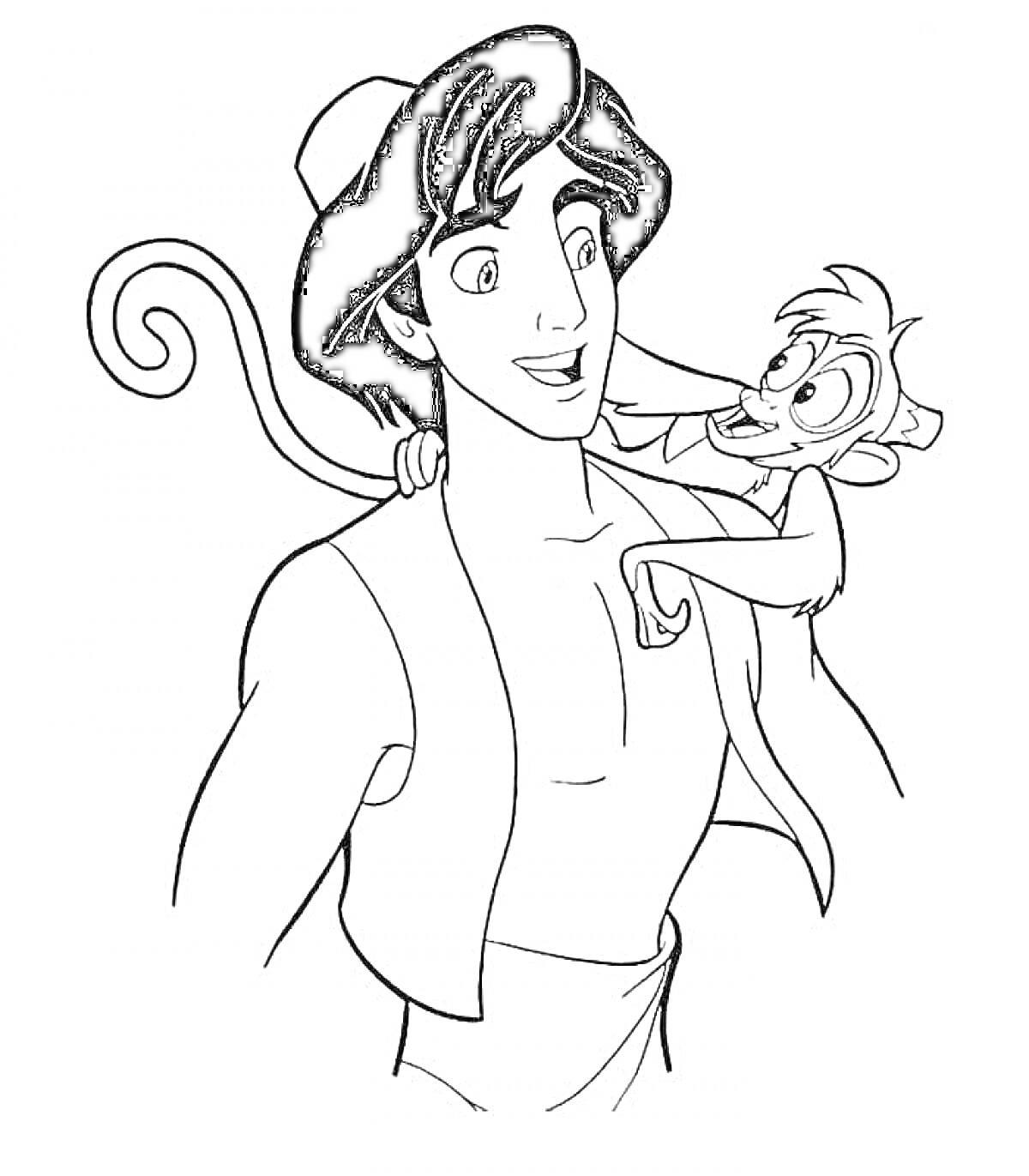 Раскраска Аладдин с обезьяной на плече