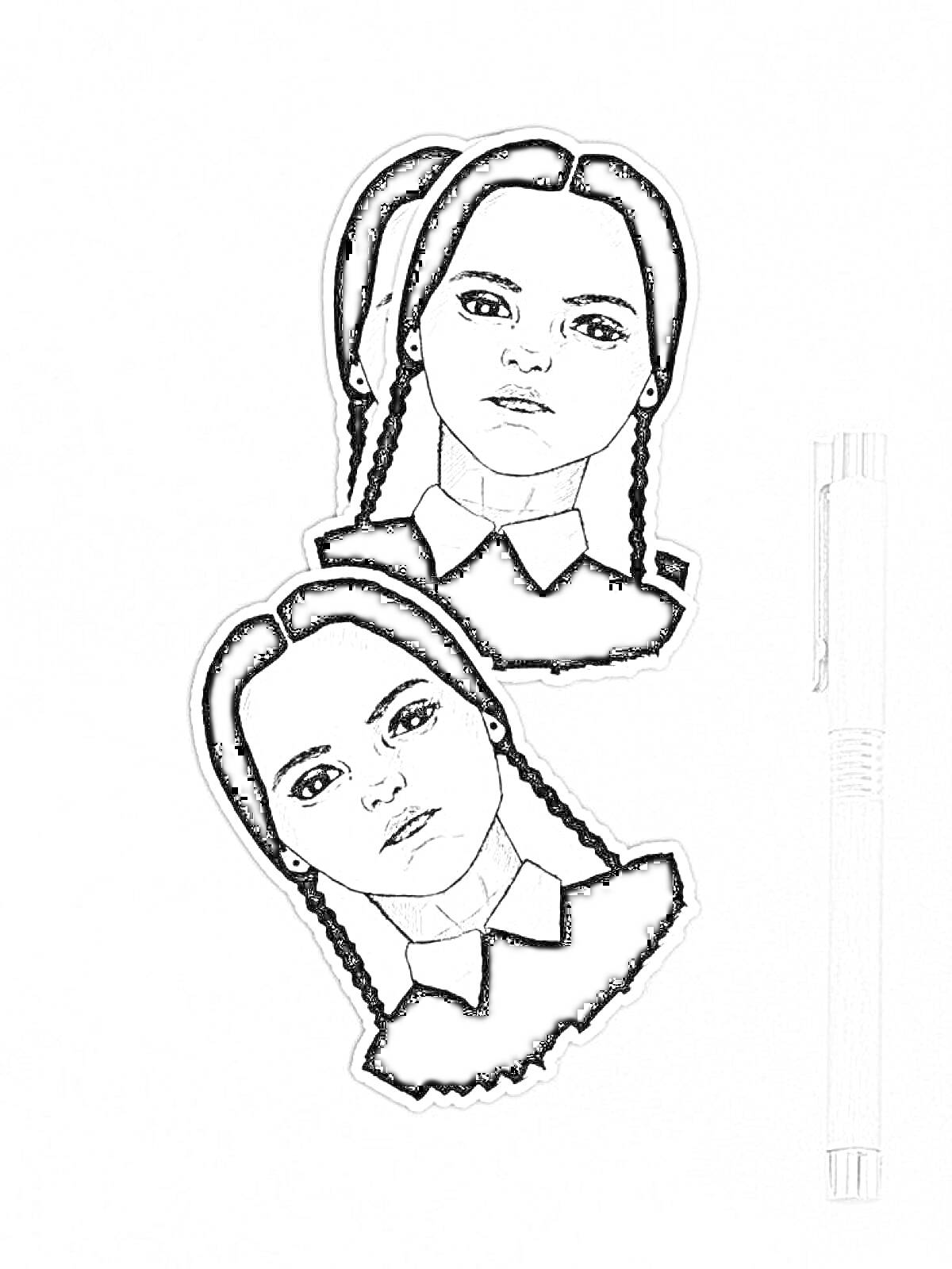 Раскраска Раскраска Уэнсдей с двумя изображениями девушки с косичками и ручкой на розовом фоне