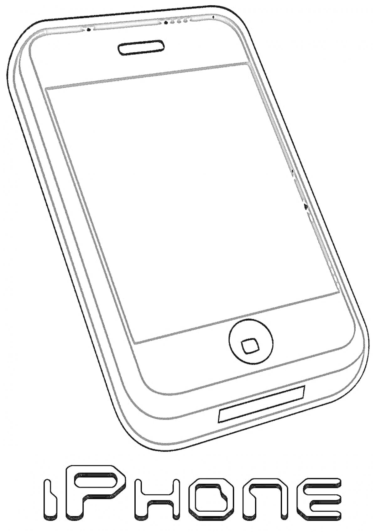 Раскраска Айфон с кнопками и экраном, надпись iPhone внизу