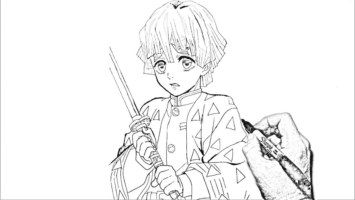 Раскраска раскраска персонажа из аниме с мечом и желтыми волосами