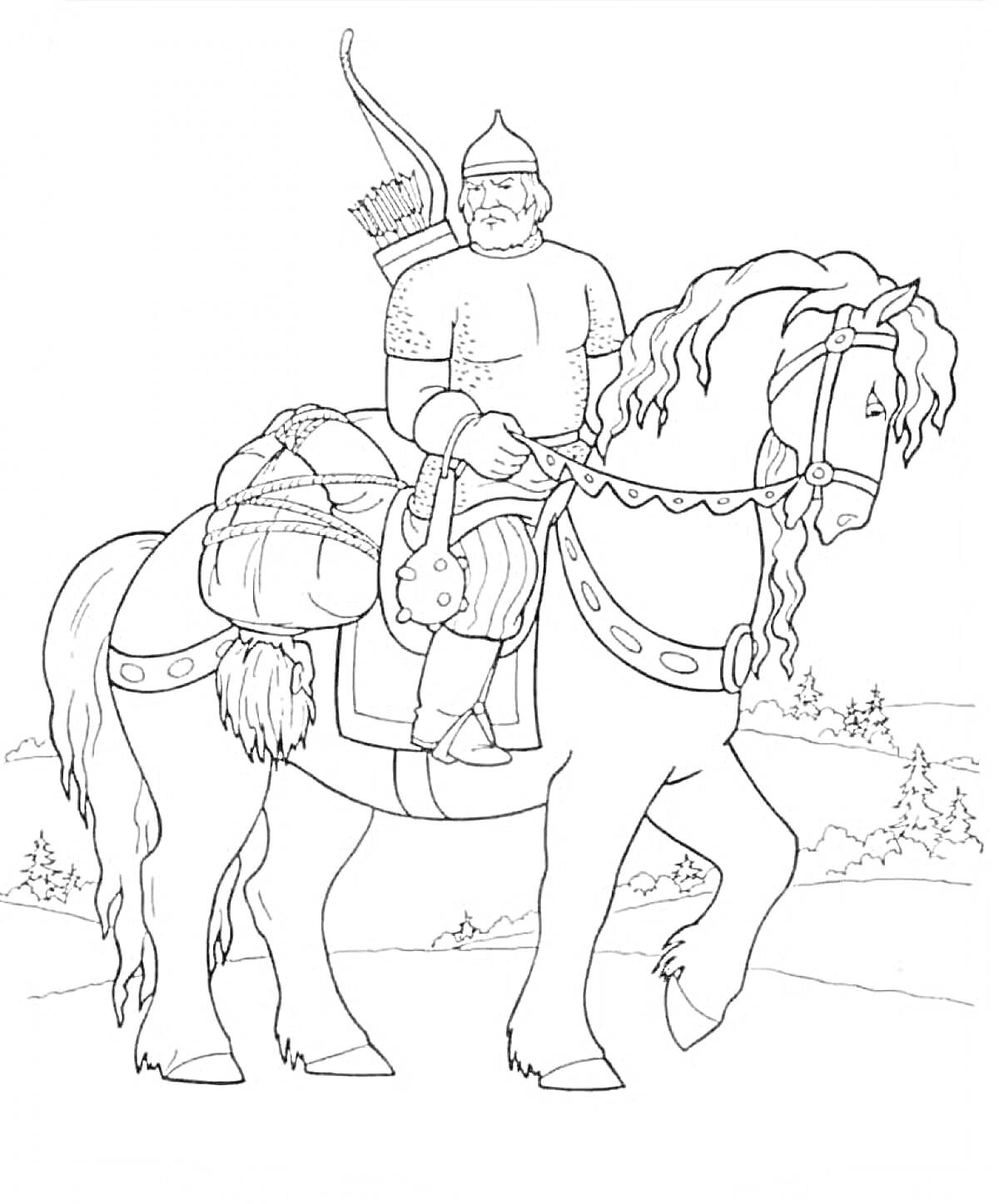 На раскраске изображено: Богатырь, Конь, Лук и стрелы, Седло, Лес, Пейзаж