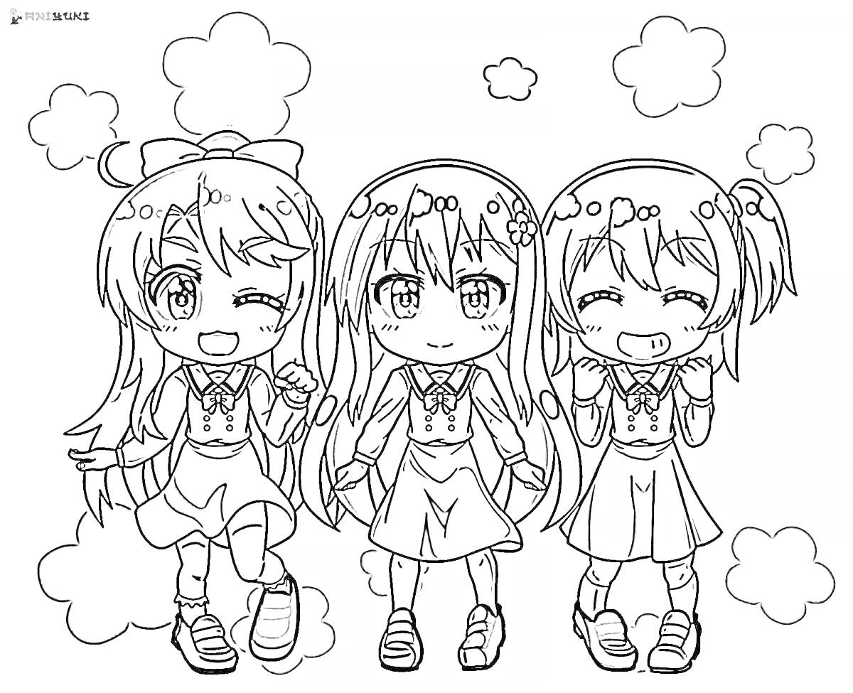 Раскраска Три чиби-девочки с длинными волосами и бантиками, в школьной форме с рубашками и юбками, на фоне облаков