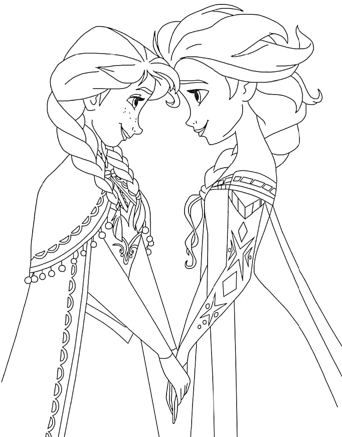 Раскраска Эльза и девушка в плаще с косами держатся за руки, стоят лицом друг к другу, на Эльзе платье с узорами