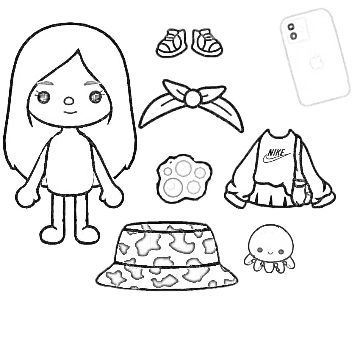 Раскраска Девочка с телефонами, обувью, повязкой, свитшотом, шляпой, спиннером и игрушкой осьминогом