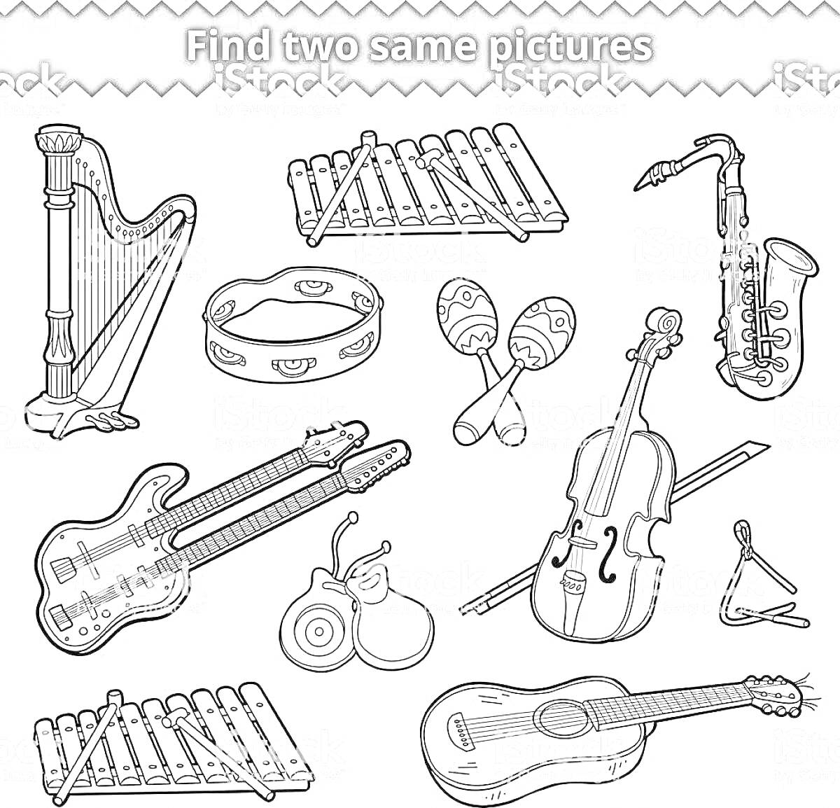 На раскраске изображено: Музыкальные инструменты, Арфа, Маракасы, Гитара, Саксофон, Скрипка, Ксилофон, Бубен