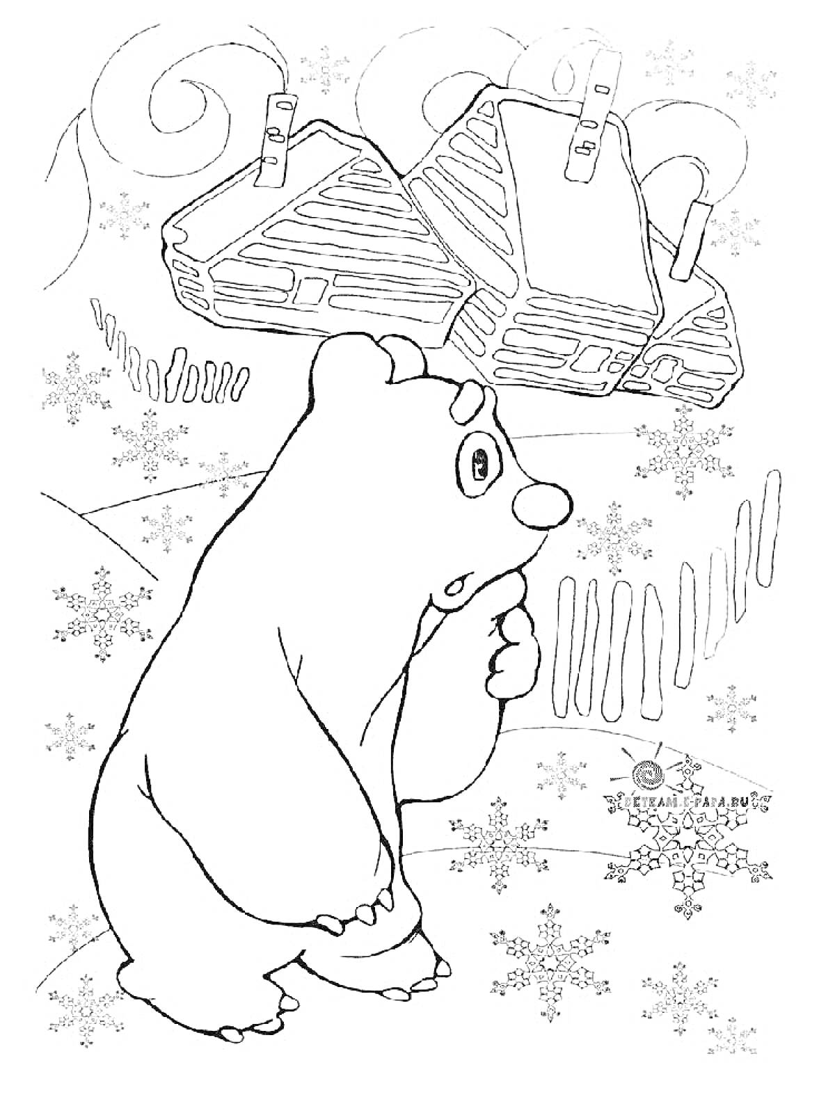 Раскраска Медвежонок Умка сани снег и снежинки