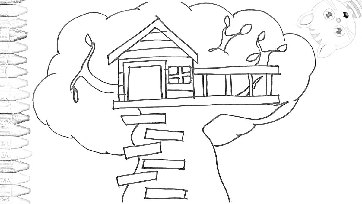 На раскраске изображено: Дом на дереве, Лестница, Цветные карандаши