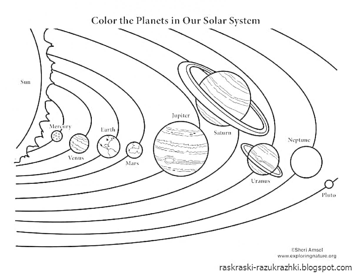 На раскраске изображено: Солнечная система, Планеты, Меркурий, Венера, Земля, Марс, Юпитер, Сатурн, Уран, Нептун, Плутон, Солнце, Учебное пособие, Астрономия, Образование