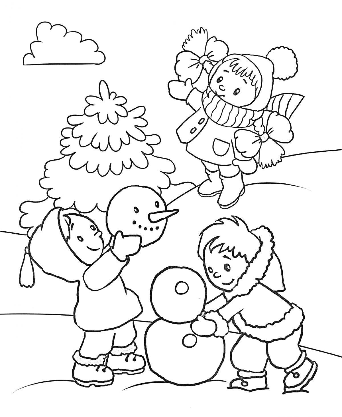 Раскраска Дети лепят снеговика, девочка на горке, ёлка и облако